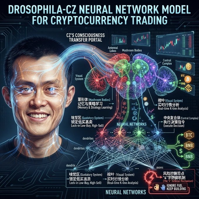A vibrant infographic titled "DROSOPHILA-CZ NEURAL NETWORK MODEL FOR CRYPTOCURRENCY TRADING" depicts a smiling man's head connected to a colorful fruit fly brain diagram, with labeled regions including the Visual System, Mushroom Bodies, and Central Complex mapped to trading functions like "Lock-In Low-Buy, High-Sell," "Memory & Strategy Learning," and BTC/BNB ticker outputs, alongside a "CZ's Consciousness Transfer Portal" label—visually translating the humorous concept of installing CZ's neurons for crypto investing.