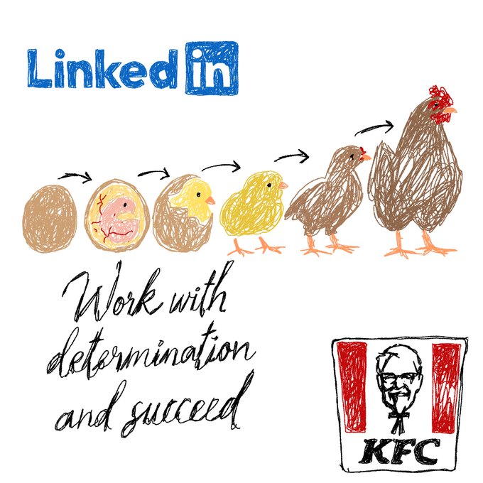 A hand-drawn illustration shows the LinkedIn logo above a chicken hatching progression (egg to chick to full chicken), with the text 'Work with determination and succeed' and a sketched KFC logo in the corner.