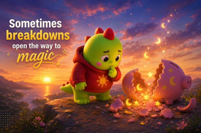 An inspirational graphic featuring a cartoon dinosaur in a red hoodie looking at a broken piggy bank with text reading 'Sometimes breakdowns open the way to magic'.