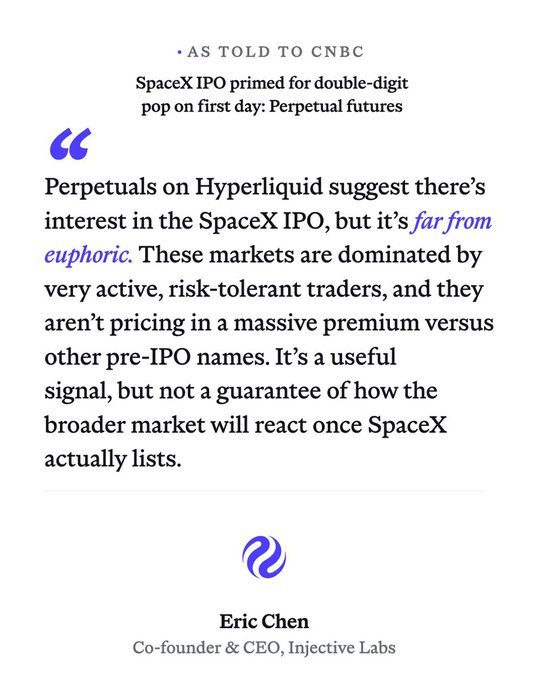 The image features a quote from Eric Chen about the recent $SPCX IPO, which has been widely discussed by financial media outlets like CNBC. The quote emphasizes that momentum around the @injective token continues to draw attention, particularly as ecosystem narratives start intersecting with broader financial markets. This suggests that there is significant interest in the token and its potential impact on the market.