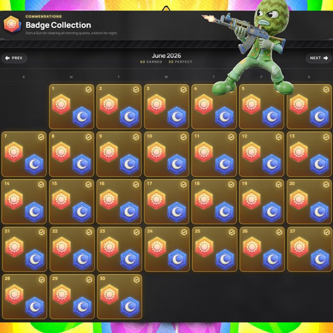 A Splatoon 3 Commendations Badge Collection screen for June 2026, showing 60 earned and 30 perfect badges, with a character holding a gun in the top right corner.