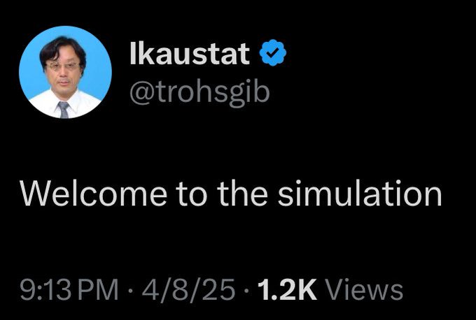 A tweet from verified user "Ikaustat" (@trohsgib) posted on 4/8/25 at 9:13 PM reads "Welcome to the simulation," garnering 1.2K views. The cryptic "simulation" message aligns with the accompanying post referencing a "point of convergence in the timeline" and XRP's anticipated surge, suggesting the tweet metaphorically alludes to the convergence.