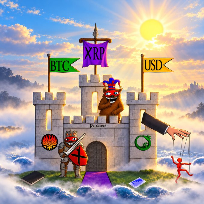 A fantasy illustration of a castle in the clouds featuring cryptocurrency and financial symbols like BTC, XRP, and USD, along with various trollface characters and the word 'Persevere'.