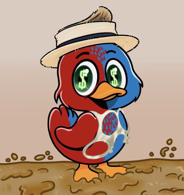 A cartoon illustration shows a red and blue bird with dollar signs ($) in its eyes wearing a straw hat, standing in mud with a dollar-sign bib.
