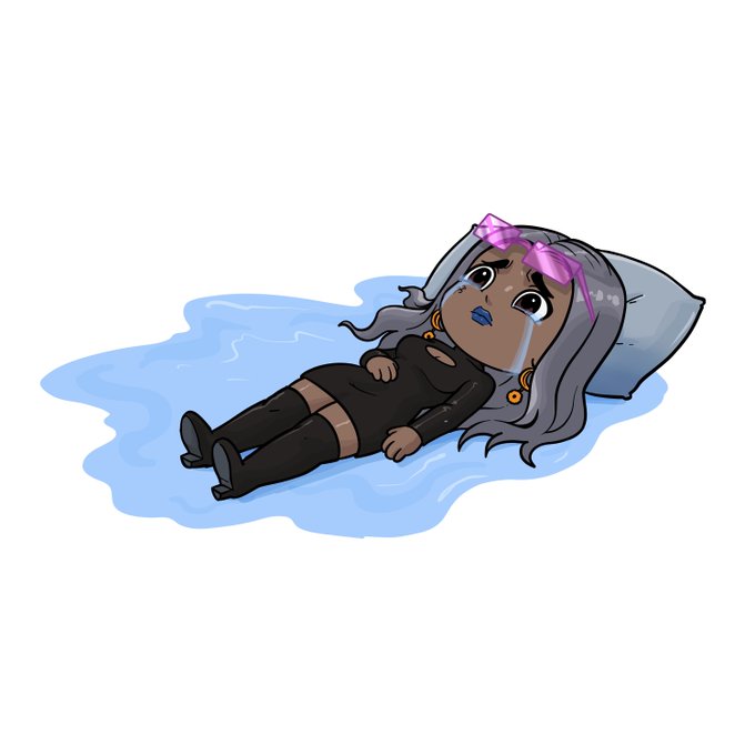 A cartoon illustration of a chibi-style dark-skinned girl with long silver hair and a pink bow, lying on a pillow in a puddle of water with a sad, teary expression—matching the post's melodramatic cry for help with "Standard_RSV Bufos Wasteland." The lone tear and water surrounding her visually emphasize the exaggerated plea to "@tessonchain do something."