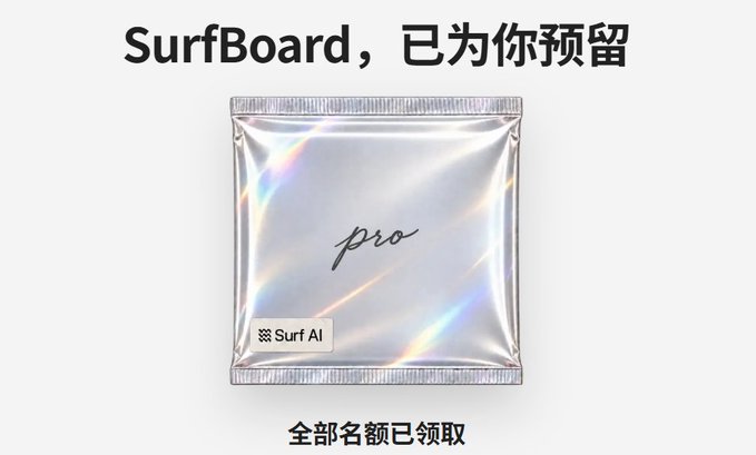 A promotional image showing a holographic silver packet labeled 'pro' with 'Surf AI' branding, accompanied by Chinese text 'SurfBoard，已为你预留' (SurfBoard, reserved for you) and '全部名额已领取' (All slots have been claimed).