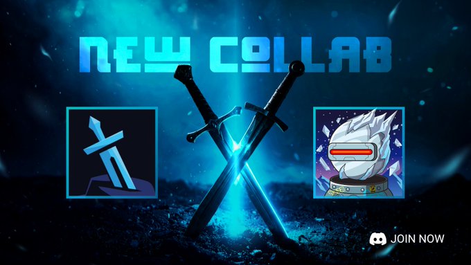 Promotional graphic with a blue glowing background announcing a "NEW COLLAB" partnership, featuring crossed swords between a sword-in-ground logo on the left and a helmeted character avatar on the right, with "JOIN NOW" text and the Discord logo in the corner. The image visually reinforces the post's alliance announcement between the two NFT projects, with the crossed swords symbolizing the partnership and the warrior imagery matching the "sharpen your blades" call to action.