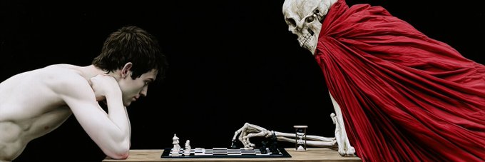 A surreal scene depicting a shirtless young man playing chess across from a skeletal figure draped in red robes.