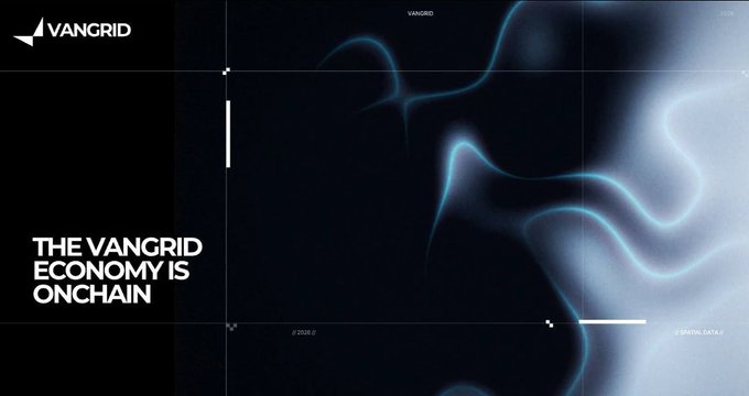A dark, abstract website banner for VANGRID displays the text 'THE VANGRID ECONOMY IS ONCHAIN' on the left side.