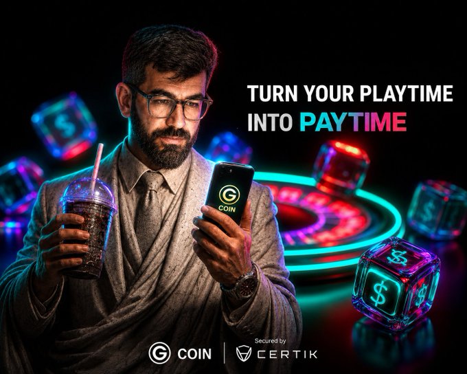 The image is a vibrant ad for G COIN, featuring a man in a suit holding a drink while looking at his phone displaying the G COIN logo, surrounded by glowing dice and casino chips. The tagline reads "TURN YOUR PLAYTIME INTO PAYTIME," with a "Secured by CERTIK" badge at the bottom, promoting G COIN's expansion as a Web3 iGaming ecosystem offering casino, sports, arcade, trading, and prediction markets.