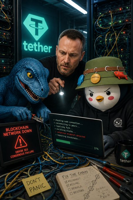 A chaotic scene depicting a 'BLOCKCHAIN NETWORK DOWN / ERROR 503 / CONSENSUS FAILURE' crisis, showing a man inspecting cables alongside a blue dinosaur character and a penguin wearing a hat, with a 'DON'T PANIC' sticky note and a 'FIX THE CHAIN' checklist.