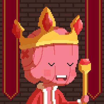 Pixel art illustration of a pink-haired character wearing a golden crown and red robes, holding a scepter, appearing to sing or speak with closed eyes.