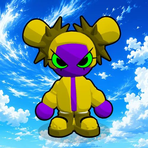A stylized cartoon character with a yellow hood with mouse-like ears, purple face and torso, green eyes, and yellow outfit, standing against a bright blue sky with white clouds.