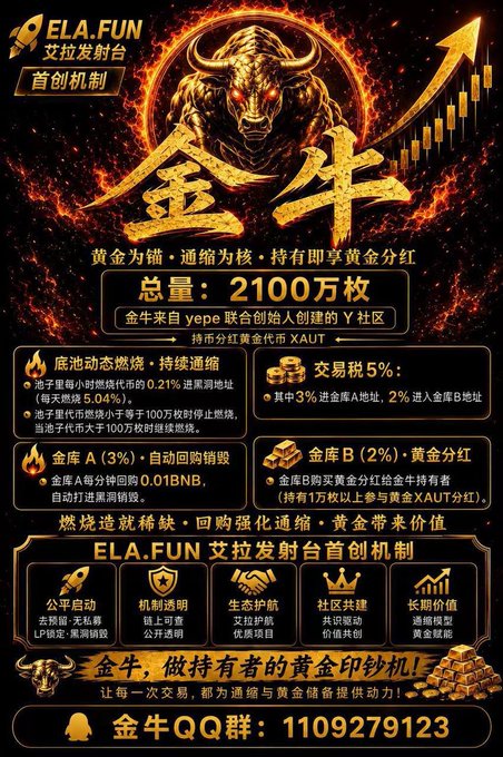 The image is a promotional poster for the ELA.FUN launchpad's "Golden Bull" (金牛) mechanism, featuring a fiery bull design and detailing a token with a total supply of 21 million, built by Y community founders from the YPE ecosystem. Key features include a 5% transaction tax (with 3% to the treasury and 2% to B holders), 0.21% burn fees, and a 3% auto-buyback mechanism for B holders using 0.01 BNB to purchase XAUT gold-backed assets for distribution.