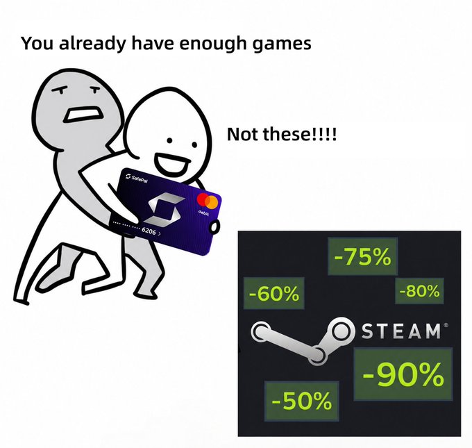 A cartoon meme depicts a "responsible" gray figure restraining a smiling stick figure from grabbing a SafePal Mastercard (ending in 6206), warning "You already have enough games" and "Not these!!!!" alongside the Steam logo surrounded by discount tags of -50%, -60%, -75%, -80%, and -90%, humorously capturing the temptation of the Steam Summer Sale despite already owning plenty of games.