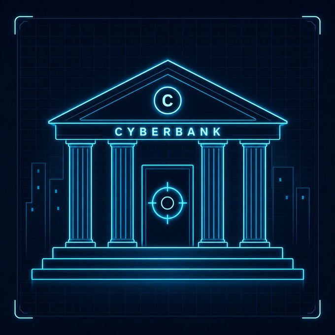A neon-blue digital illustration depicts a classical "CYBERBANK" building with columns and a vault-like door, set against a grid backdrop symbolizing the crypto narrative. The image ties directly to the post's claim that no "cyber bank" project has launched, framing $CYBERLEEK as a timely opportunity to pioneer the narrative.
