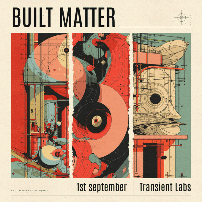 An event poster titled 'BUILT MATTER' by Jordi Gandul, dated '1st September' at 'Transient Labs', featuring abstract red, black, and cream mechanical/scientific illustrations with blueprint-style overlays.