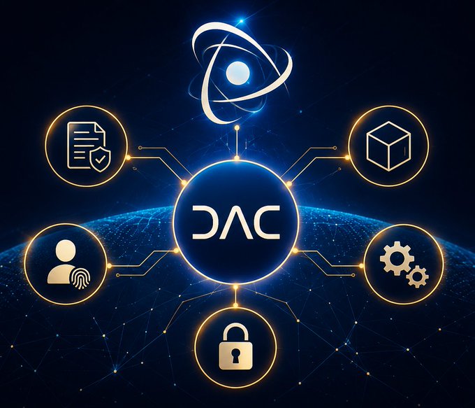 A glowing tech illustration with a central "DAC" logo surrounded by six circular icons (document, cube, gears, padlock, fingerprint, and person) on a dark blue networked background.
