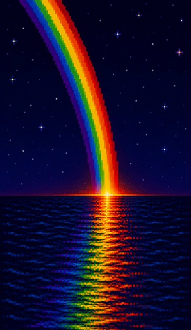 A pixelated rainbow arches down from a dark, starry night sky, reflecting onto a dark ocean surface to create a colorful path of light on the water.