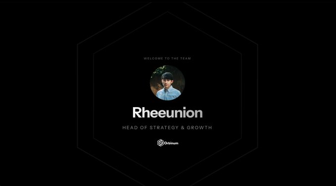 A welcome graphic for Rheunion joining Orbitrum as 'Head of Strategy & Growth,' featuring his profile photo inside a hexagonal frame.
