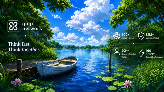 A promotional graphic for 'quip network' featuring a serene lake scene with the tagline 'Think fast. Think together.' and stats including '500+ Active Nodes' and '$1M+ Secured Value'.