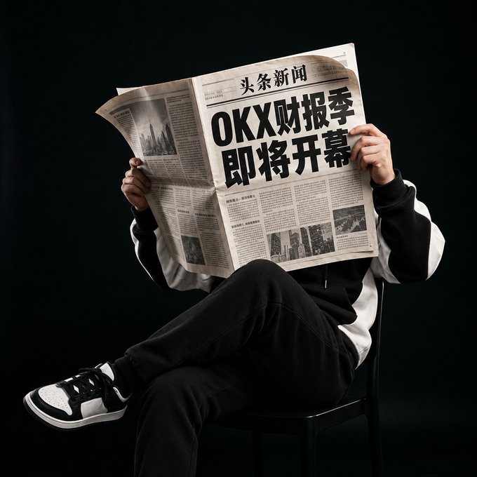 A person seated, reading a newspaper with the Chinese headline 'OKX财报季 即将开幕' (OKX Financial Report Season is about to begin), dressed in a black and white hoodie and black sneakers.