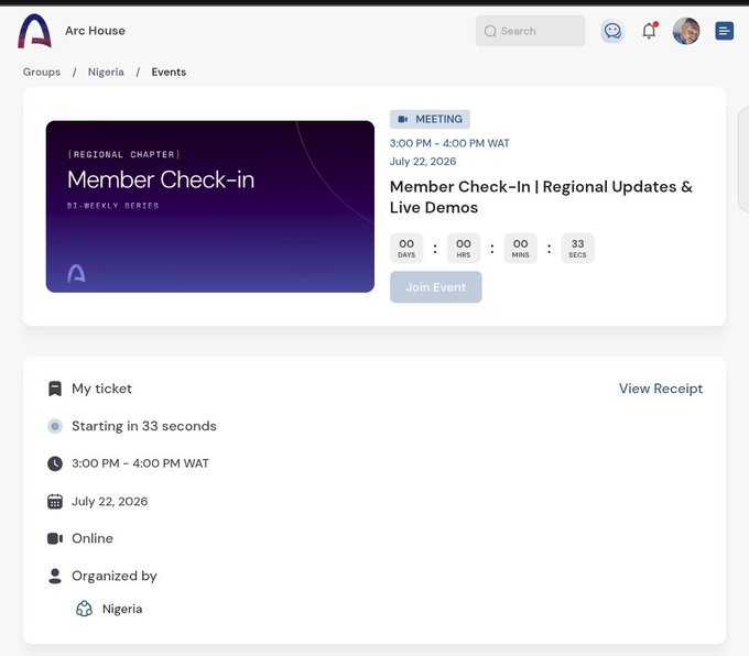 The image shows an Arc House event page for "Member Check-In | Regional Updates & Live Demos" scheduled from 3:00 PM - 4:00 PM WAT on July 22, 2026, with a countdown timer indicating the event starts in 33 seconds. The post aligns with the page, promoting the upcoming live session hosted by @arc for the Nigerian regional chapter.