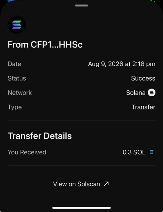 A Phantom wallet transaction confirmation showing a successful transfer of 0.3 SOL from address CFP1...HHSc on the Solana network, dated Aug 9, 2026 at 2:18 pm.