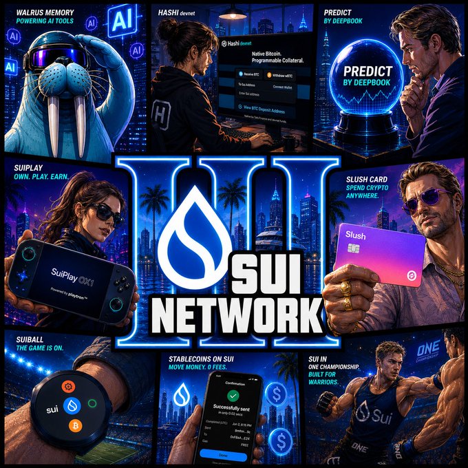The image features a poster for Sui Network, which is an online gaming platform that allows players to create their own characters and engage with others through various game modes. The poster showcases different elements of the Sui Network ecosystem, including a character named "Walrus" who has been stealing Bitcoin from other players in the game. There are also images of people playing games on the platform, as well as a character named "Sue" holding a credit card and a cell phone. The overall theme of the poster is focused on the gaming experience offered by Sui Network, with an emphasis on the use of cryptocurrency for transactions within the virtual world.