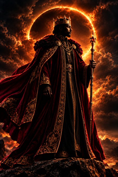 A dramatic illustration of a king wearing a gold crown and an ornate red and gold robe, holding a scepter, silhouetted against a massive, glowing ring resembling a solar eclipse in a fiery sky.