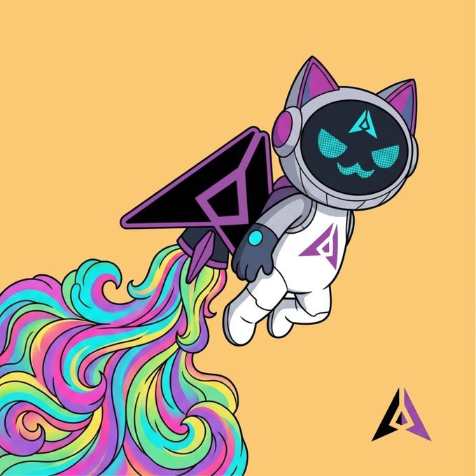 A cartoon cat astronaut in a space helmet with a digital, pixelated face rockets forward with rainbow exhaust flames, leaving a colorful trail against an orange background, embodying the post's excitement about GenLayer's novel, forward-moving approach to blockchain technology.