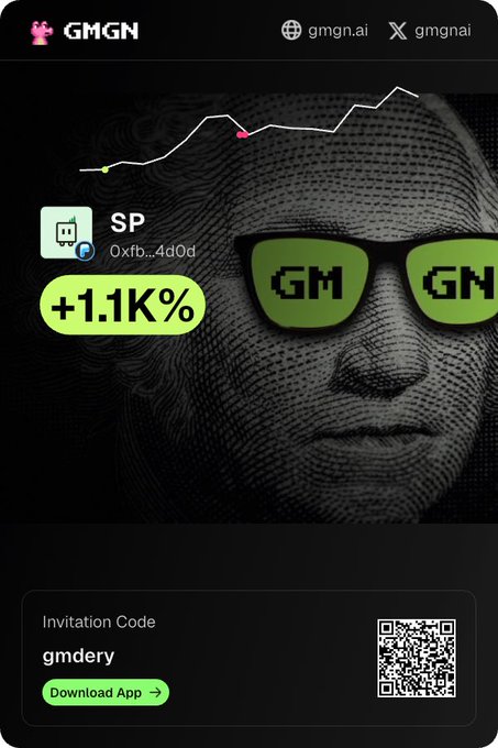A promotional graphic for GMGN featuring a stylized portrait wearing pixelated sunglasses with "GMGN" in green lenses, displaying a stock-style chart showing a "+1.1K%" gain on "SP" token, alongside an invitation code "gmdery" and QR code to download the app—illustrating a crypto trader's late-night excitement over massive gains despite an inability to sleep.