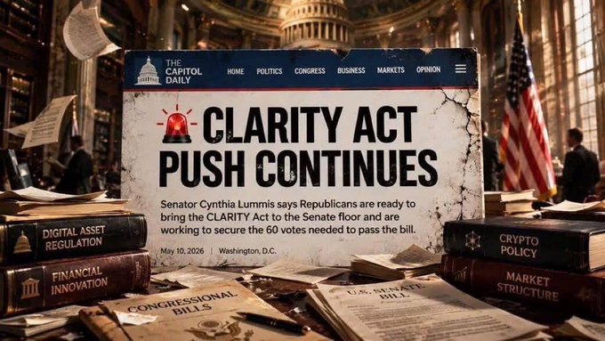 Mock-up of 'The Capitol Daily' headline 'CLARITY ACT PUSH CONTINUES,' noting Senator Cynthia Lummis says Republicans are ready to bring the bill to the Senate floor, dated May 10, 2026.