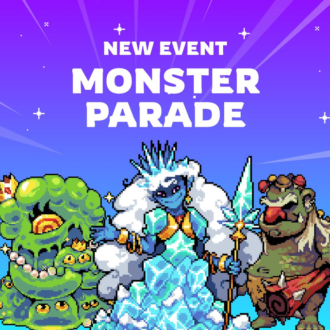 Pixel-art promotional graphic titled 'NEW EVENT: MONSTER PARADE' featuring three monster characters.