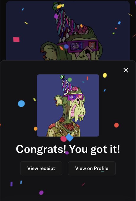 The image features a post about a month ago, where a person secured a Legendary Mutant Ape for one month. The post includes a picture of the mutant with a party hat, surrounded by confetti, celebrating their achievement. The caption reads "Congratulations! You got it!". The post also provides links to view the receipt and profile information on the app store.
