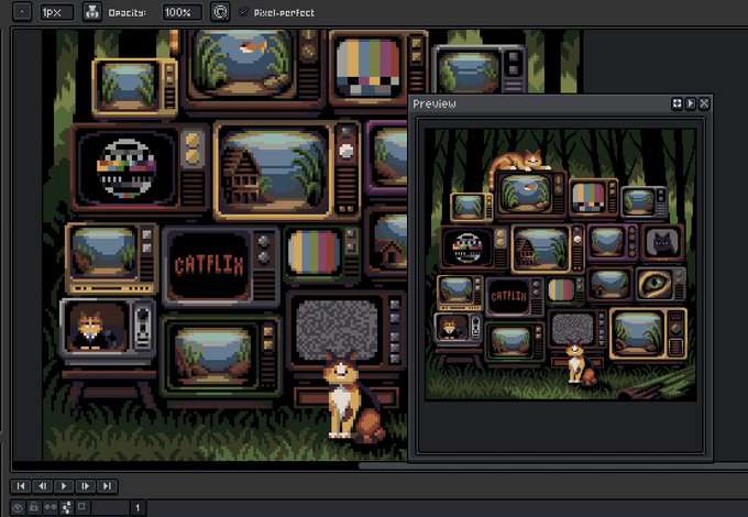 A screenshot of a pixel art wallpaper editor displaying a forest scene composed of stacked retro television sets showing various channels, including a 'CATFLIX' screen and cats; a small Shiba Inu sits at the bottom.