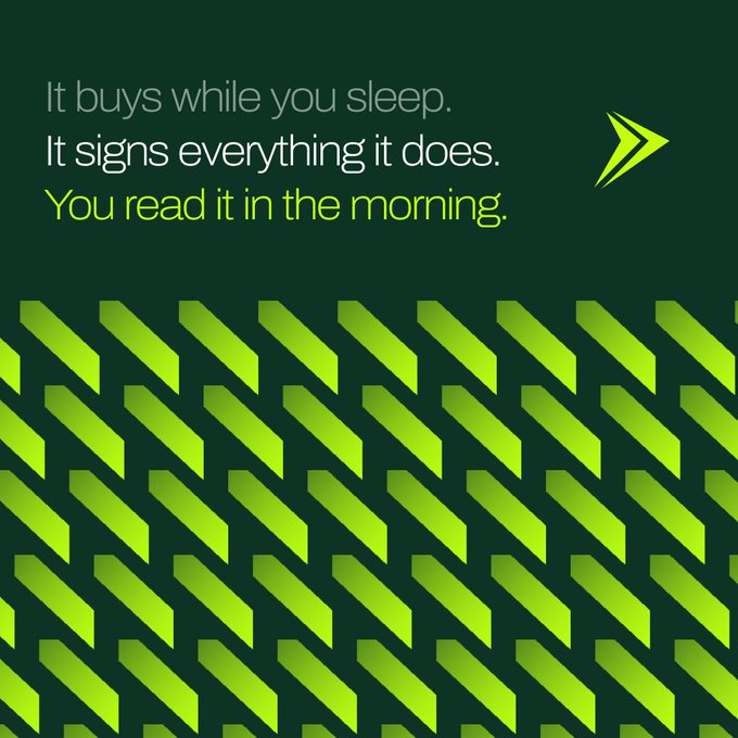 The image features a green geometric pattern with text reading "It buys while you sleep. It signs everything it does. You read it in the morning." alongside a stylized arrow logo, visually reinforcing the post's message about Waymark's automated, transparent, and non-custodial onchain capital deployment on Robinhood Chain.