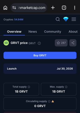 A screenshot of the nmarketcap.com page for GRVT (GRVT) stats, showing a market cap of $54.84M, a launch date of July 30, 2026, total supply of 1B GRVT, and 0 GRVT in circulating supply, with a "Buy GRVT" button. The image relates to the post by displaying key GRVT token details and launch date, contextualizing the discussion about the airdrop allocation deadline and TGE changes.