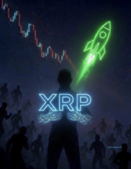 A silhouetted figure holds up the glowing neon letters "XRP" against a backdrop of a bearish candlestick chart, while a green rocket launches upward and ghostly figures scatter below—visually capturing the post's message that those who held XRP through doubt reaped life-changing gains when it unexpectedly surged.