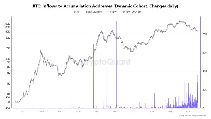 A CryptoQuant chart titled "BTC: Inflows to Accumulation Addresses (Dynamic Cohort. Changes daily)" showing BTC price (peaking above $100K) alongside blue inflow bars and a 30-day moving average that have notably spiked to their highest levels of the cycle in 2025, supporting the post's claim of strong, sustained whale accumulation.