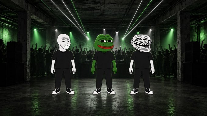 Three meme-headed cartoon figures (Wojak, Pepe the Frog, and Trollface) stand in a green-lit nightclub with lasers and a crowd.