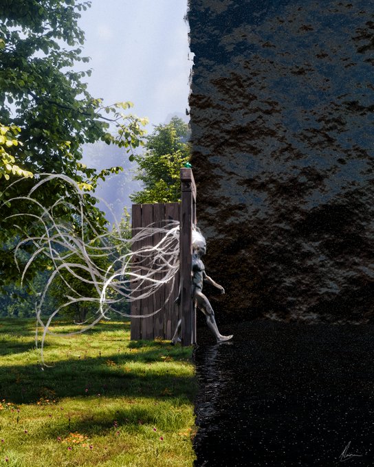 A surreal fantasy illustration showing a pale figure with long white hair opening a wooden gate, transitioning from a bright grassy landscape on the left into a dark starry void on the right.