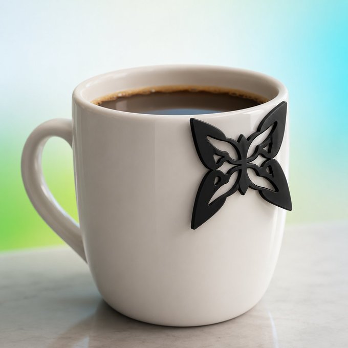 A white ceramic coffee mug filled with black coffee, featuring a black decorative butterfly or floral emblem on its side.