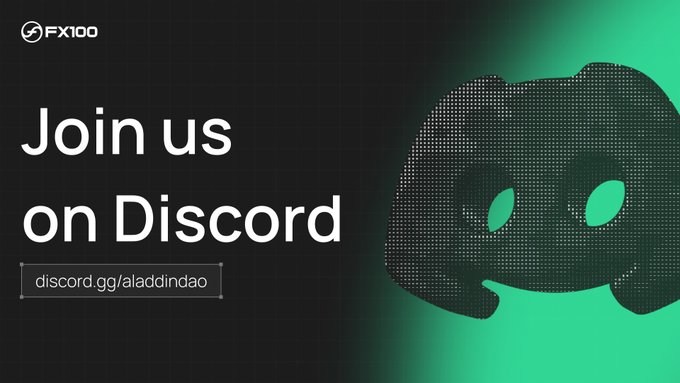 A Discord promotional banner reading 'Join us on Discord' with a link 'discord.gg/aladdindao' and an FX100 logo, featuring a pixelated animal graphic.