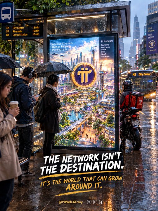 A futuristic city bus stop scene on a rainy day featuring a large advertisement for the 'Pi Network' with the text 'A Global Ecosystem Built by People. Powered by Pi,' and a tagline at the bottom reading 'THE NETWORK ISN'T THE DESTINATION. IT'S THE WORLD THAT CAN GROW AROUND IT.' with social handles @PiWeb3Army.