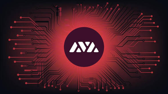 A stylized digital graphic featuring the AYA token logo (stylized 'AYA' text) centered within a circular hub, surrounded by red circuit board patterns on a dark red background.