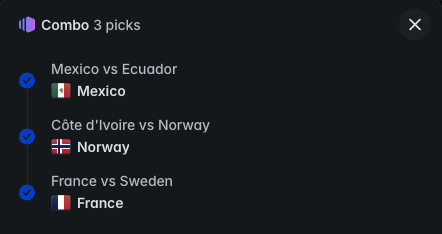 A 'Combo 3 picks' interface showing selections of Mexico, Norway, and France for soccer matches against Ecuador, Côte d'Ivoire, and Sweden respectively.