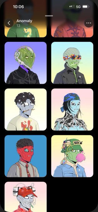 A mobile app screen displaying an 'Anomaly' NFT collection of stylized character portraits with reptilian/robotic aesthetics.
