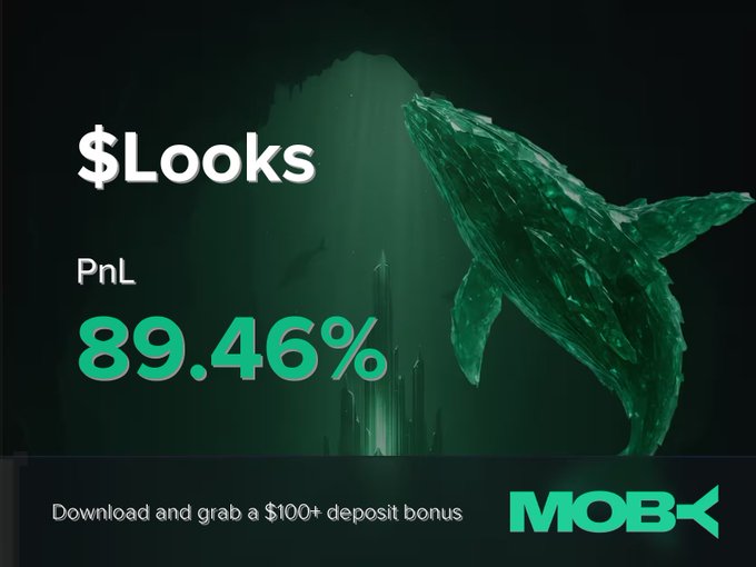 A Moby promotional graphic featuring an emerald whale diving underwater, advertising a "+$100 deposit bonus" with "$Looks" prominently displayed alongside a PnL of "89.46%," directly illustrating the app's win alert showcasing a trader's highly profitable close on the Looks token.