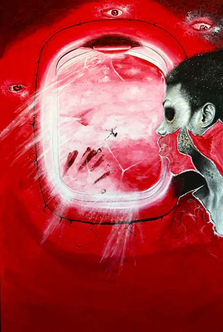 A red-toned surrealist painting depicts a figure with dark hair looking into a mirror, with a stitched face pressed against the glass and eyes floating in the surrounding crimson space.